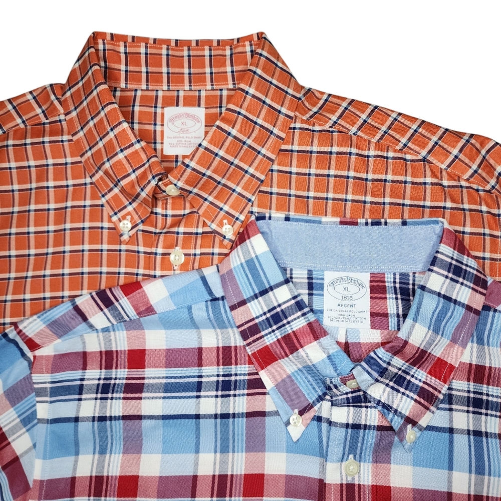 Lot of 2 Brooks Brothers Mens XL Orange Plaid 346  / Red & Blue Regent Button Up
